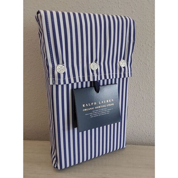 Ralph Lauren Organic Shirting Stripe 100% Cotton Two King Pillowcases Blue White - Picture 2 of 11
